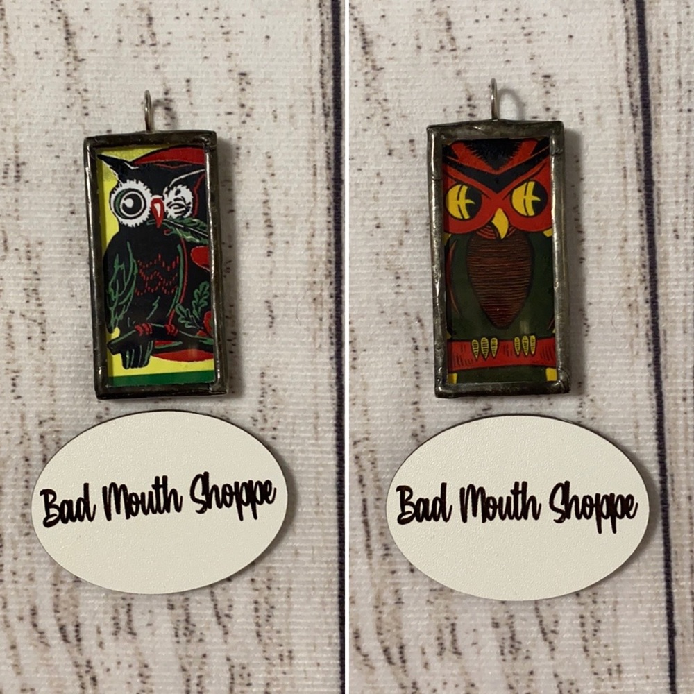 Double Sided Spooky Halloween Owl Handmade Ephemera Necklace Charm Pendant
